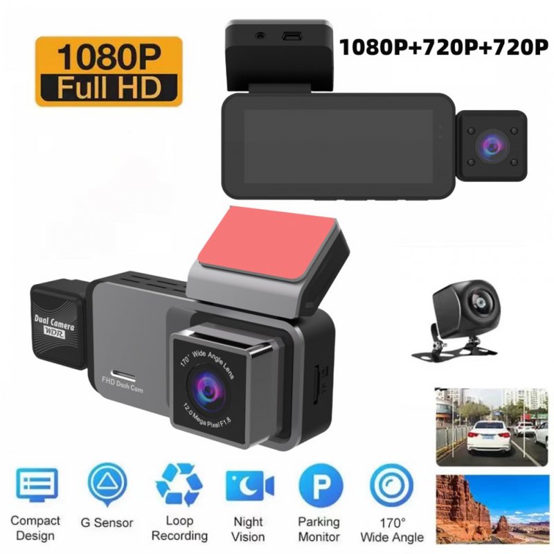 1080P 3 Lens Dash Camera Front Inside And Rear HD Night Vision Reversing Driving Recorder Universal WIFI Car DVR 