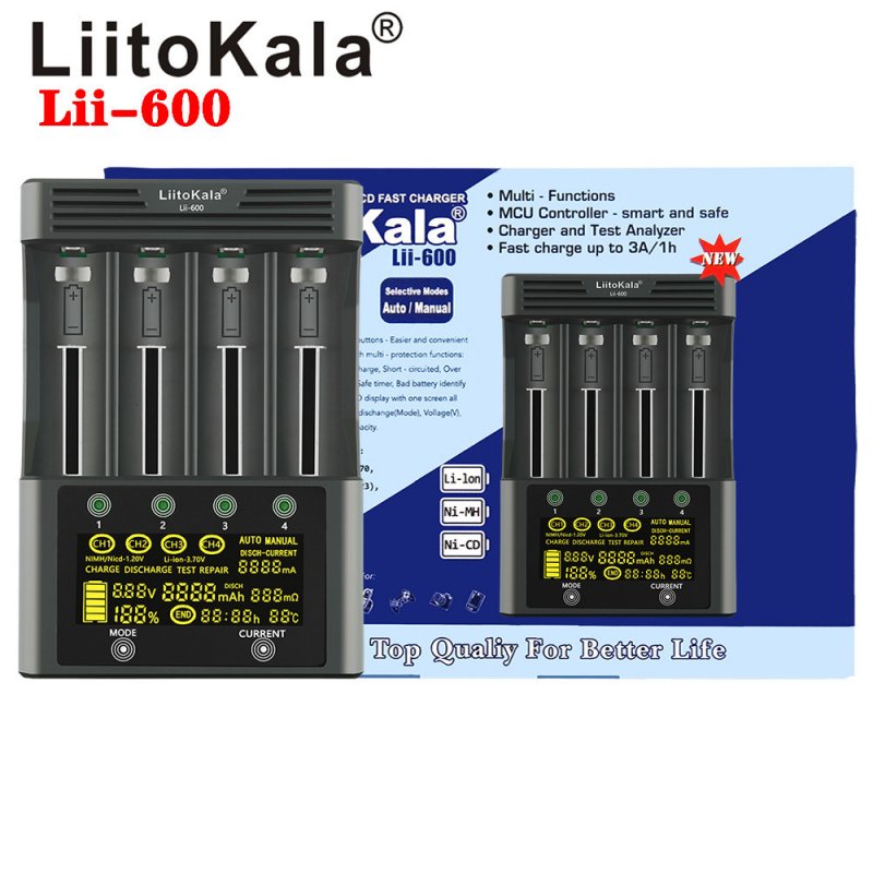 LiitoKala Lii-600 LCD Battery Charger for 26650 21700 18650 18350 20650 14500 AA AAA
