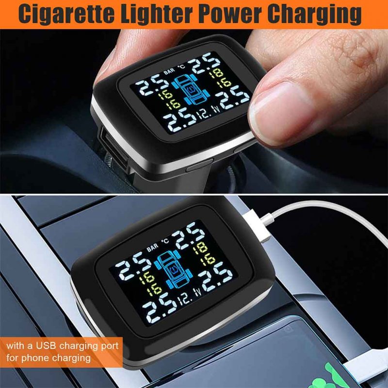 Tire Pressure Monitoring System 0-3.5 Bar Solar USB Tpms Wireless Sensor Cigarette Lighter Power 