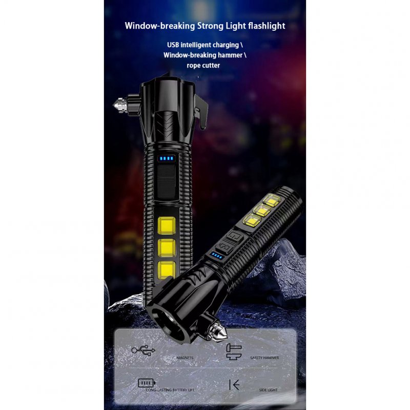 Mini Flashlight Usb Rechargeable Outdoor Strong Light Torch Car Self-rescue Escape Hammer Multifunctional 