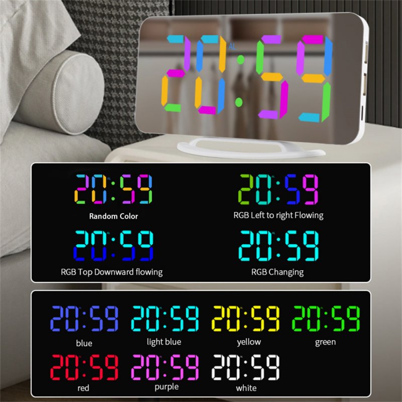 RGB Digital Alarm Clock With 11 Color Modes 3 Level Brightness 2 USB Ports LED Mirror Clock For Bedroom Home Office Desk Decor 
