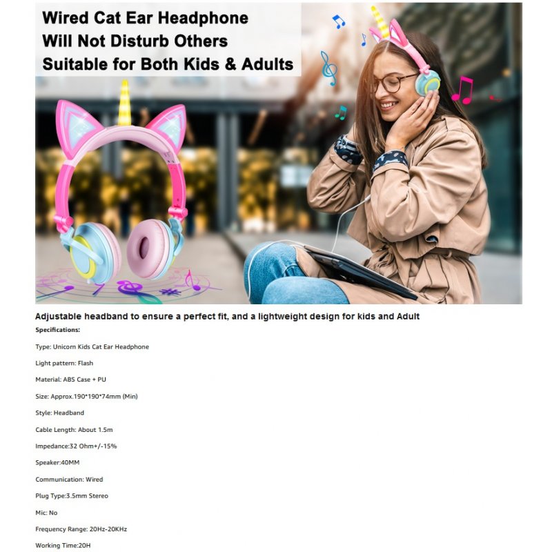 Cute Kids Cat Ear Headphones Wired Adjustable for Boys Girls Tablet Kids Headband Earphone Foldable Over On Ear Game Headset  