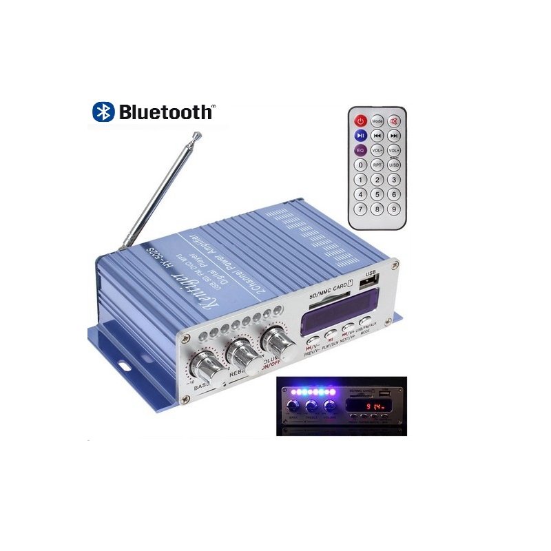 Car Bluetooth USB FM Power Amplifier, Household 12V 3A Mini Hi-Fi Stereo Audio AMP with Remote Control, Support FM/MP3/SD/USB/DVD Blue