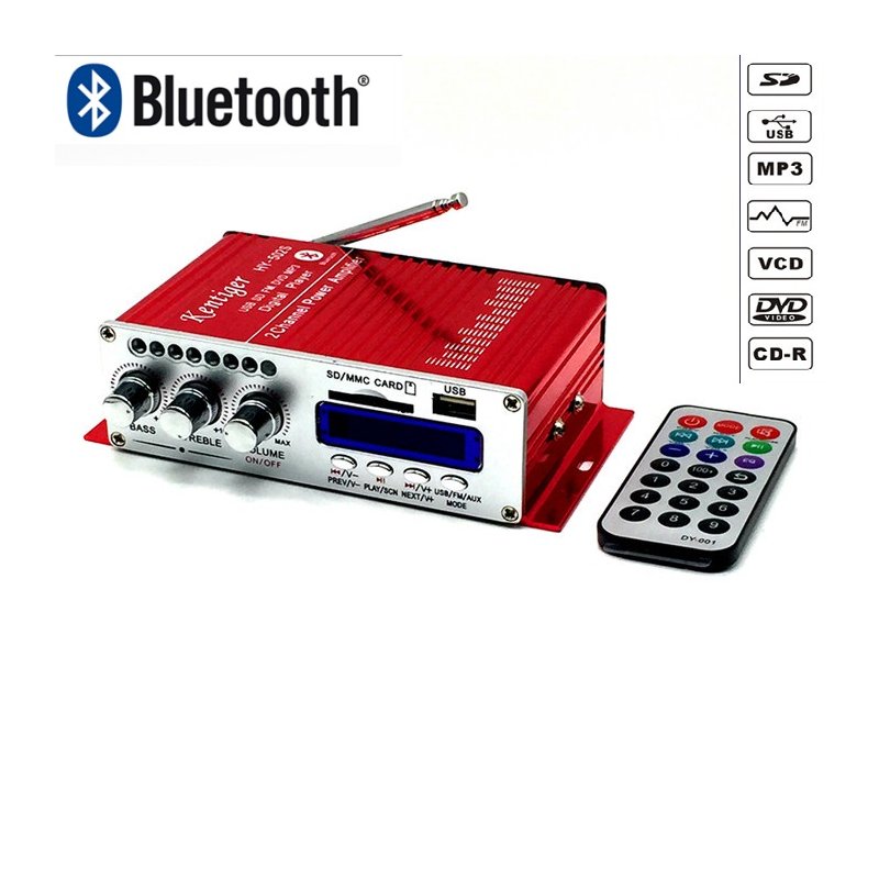 Car Bluetooth USB FM Power Amplifier, Household 12V 3A Mini Hi-Fi Stereo Audio AMP with Remote Control, Support FM/MP3/SD/USB/DVD Blue