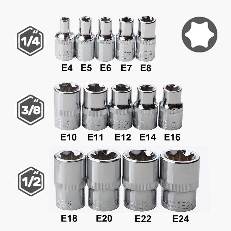 14-piece E-TORX Socket Set 1/4" 3/8" 1/2'' Drive E-4 - E24 Female External Torque Star Socket Kit With Storage Case 