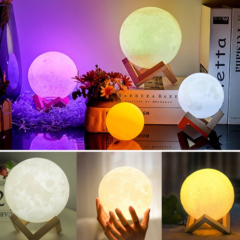 1W Creative Moon Lamp With Remote Control Wooden Bracket 16 Colors USB Rechargeable Touch Control LED Night Light Table Lamp Holiday Birthday Gift 
