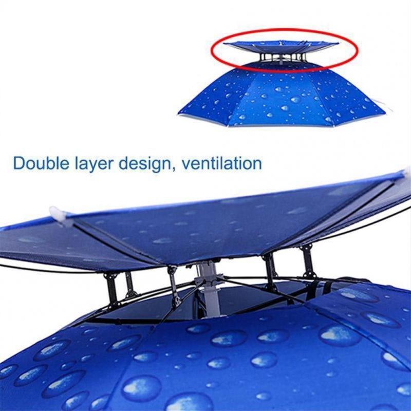 Outdoor Fishing Umbrella Portable Folding Double-layer Windproof UV-proof Head-mounted Sunshade Hat Blue