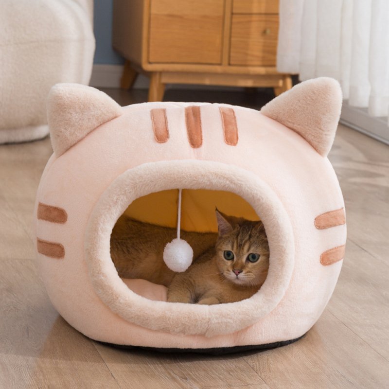 Cat Winter Warm Bed Cat Shape Soft Comfortable Wear-resistant Semi Enclosed Cat House Pet Supplies Pink L 50 x 50 x 36