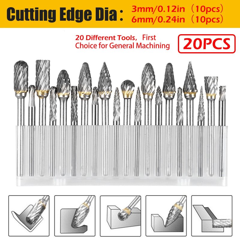 20pcs Rotary Burrs Set With 1/8" Shank 3x3mm/3x6mm Double Cut Milling Cutter For Metal Carving Wood Working Engraving Polishing 