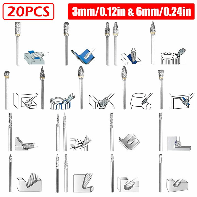 20pcs Rotary Burrs Set With 1/8" Shank 3x3mm/3x6mm Double Cut Milling Cutter For Metal Carving Wood Working Engraving Polishing 