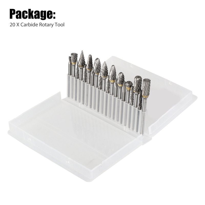 20pcs Rotary Burrs Set With 1/8" Shank 3x3mm/3x6mm Double Cut Milling Cutter For Metal Carving Wood Working Engraving Polishing 