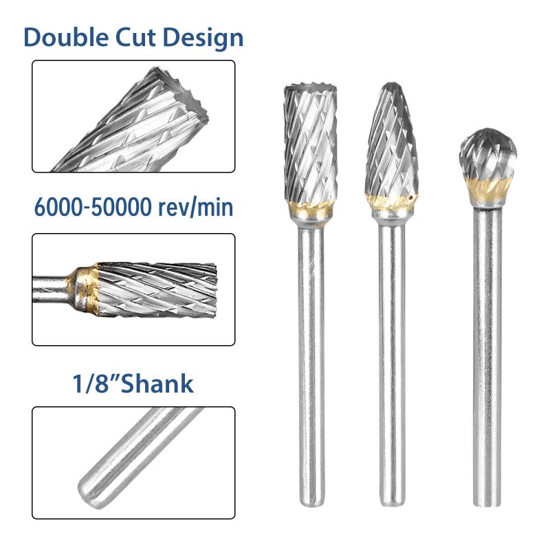 20pcs Rotary Burrs Set With 1/8" Shank 3x3mm/3x6mm Double Cut Milling Cutter For Metal Carving Wood Working Engraving Polishing 