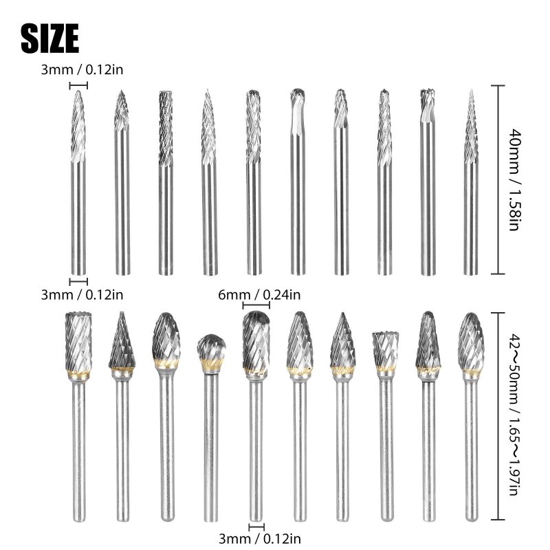 20pcs Rotary Burrs Set With 1/8" Shank 3x3mm/3x6mm Double Cut Milling Cutter For Metal Carving Wood Working Engraving Polishing 