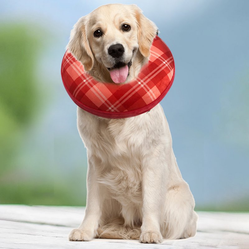 Fashion Checkered Elizabethan Collar Anti-licking Inflatable Design Cat Cone Collar Ideal For Post-Surgery Recovery Injury Prevention red M