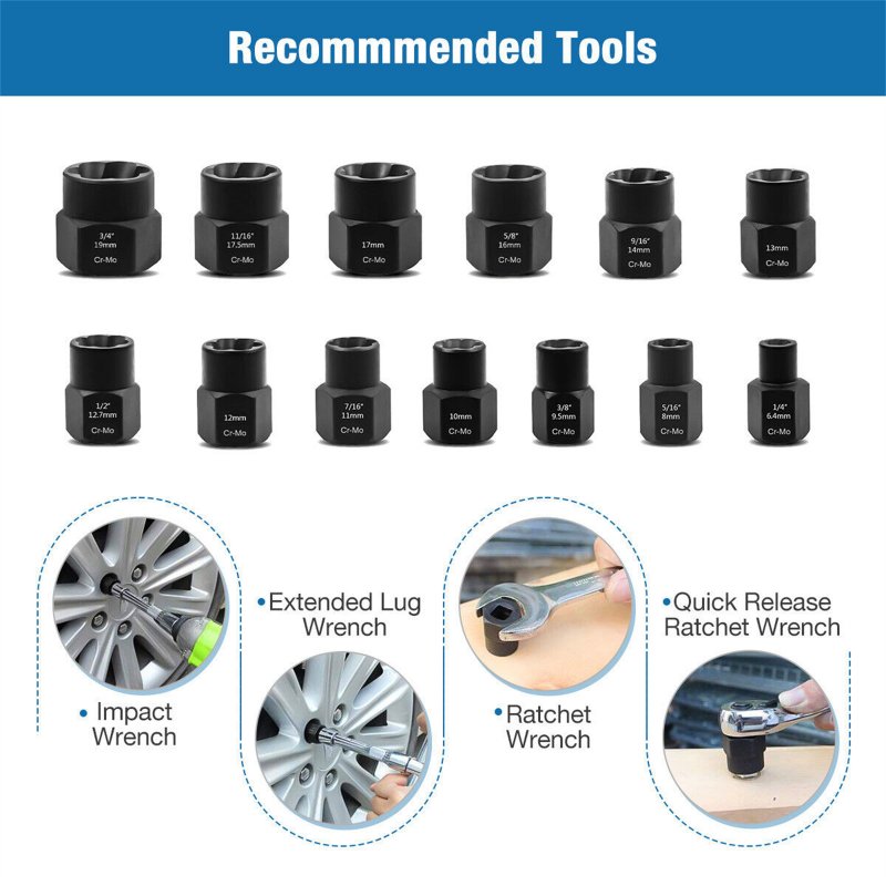 13Pcs Bolt Nut Extractor Set 3/8" Square Drive Nut Remover Socket Tool Wheel Lock Removal Kit For Damaged Frozen Studs Bolts Nuts Screws 