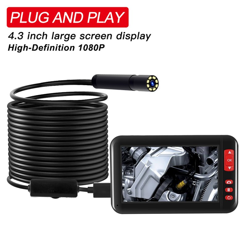 Industrial Endoscope Borescope Inspection Camera 4.3inch HD 1080P Display Screen Built-in 8 LEDs 8mm Lens 2000mAh Rechargeable Lithium Battery 