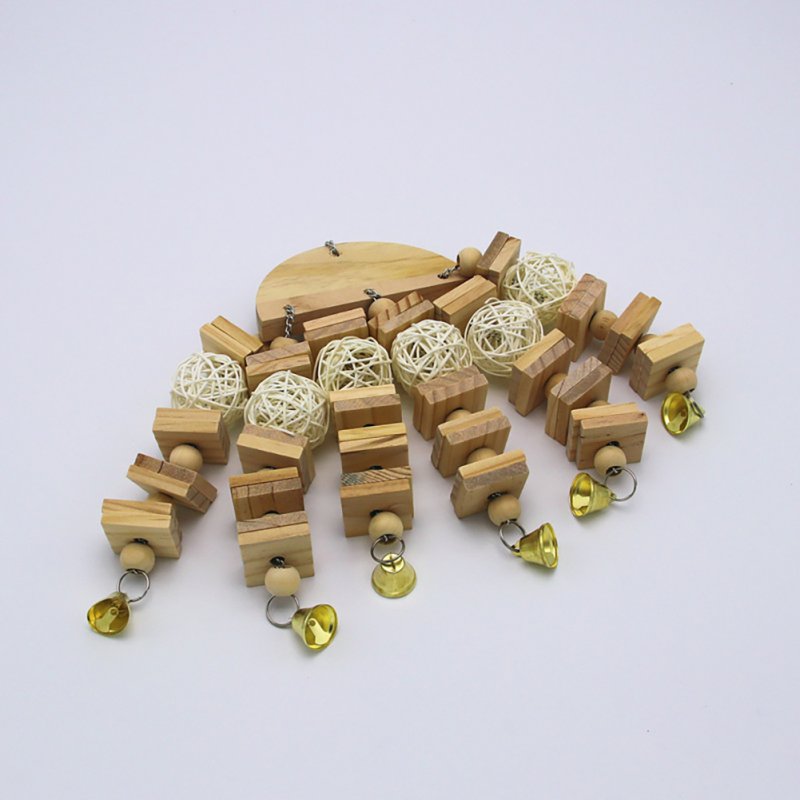 Pet Wooden Hanging Chewing Toys Rattan Ball Wooden Block Climbing Ladder With Bells For Large Medium Small Parrot 