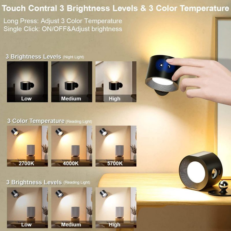 3W Wall Sconces USB Rechargeable 2000mAh Battery Operated 3 Color Temperature Dimmable Wall Lighting For Bedroom Living Room Kitchen 