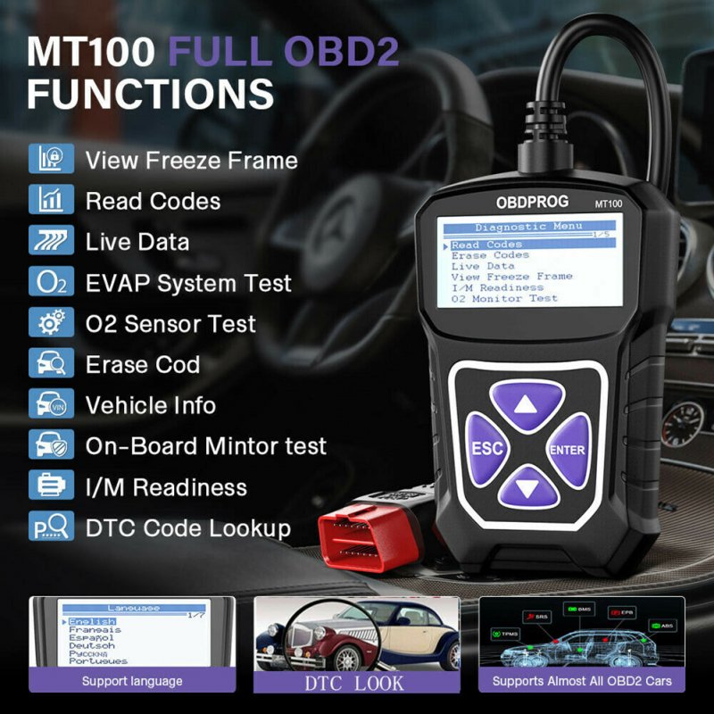 Car Obdprog Scanner Code Reader Mt100 Obd2 Check Engine Fault Tester Diagnostic Tool 