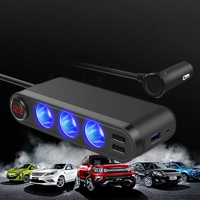 120w Cigarette Lighter Plug Splitter 3usb Qc3.0 Car Charger Adapter LED Voltage Display 