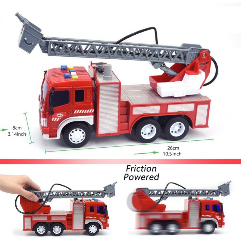 1:16 Scale 10.5-inch Fire  Truck  Toy With Lights Sounds Friction Powered Car With Water Pump Siren Extension Ladder For Young Children 