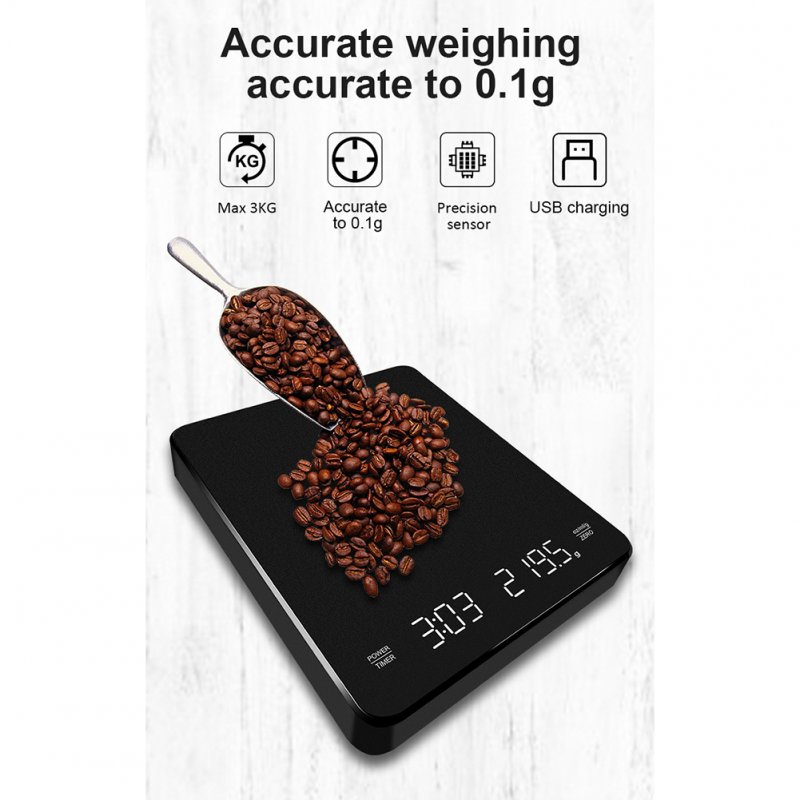 3kg/0.1 Digital Coffee Scale Usb Rechargeable High-precision Sensors Lcd Electronic Measuring Scale 
