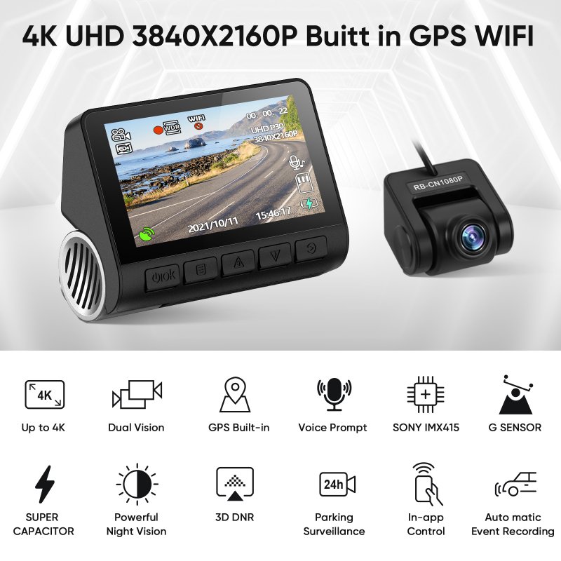 V55 Dash Cam 4k Ultra-clear Car Parking Monitor Wifi GPS Driving Recorder 