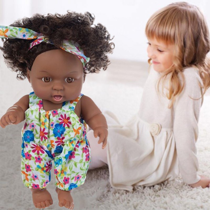 8 Inch Simulation Doll Toy Washable Realistic Soft Vinyl African Doll With Jumpsuit Dress For Birthday Gifts pink embossed dress doll+clothes