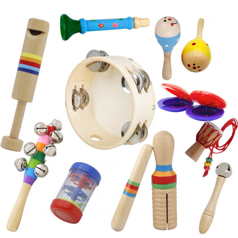 10pcs/set Orff Wooden Musical Instrument Set Hand Tambourine+Rain Sound Tube+Colorful Sound Tube+Flute+Rattle+Barbell+Horn+Maracas+Necklace+Castanet 10pcs/set