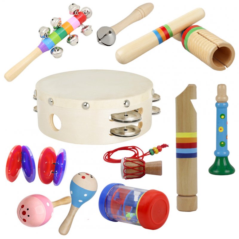 10pcs/set Orff Wooden Musical Instrument Set Hand Tambourine+Rain Sound Tube+Colorful Sound Tube+Flute+Rattle+Barbell+Horn+Maracas+Necklace+Castanet 10pcs/set