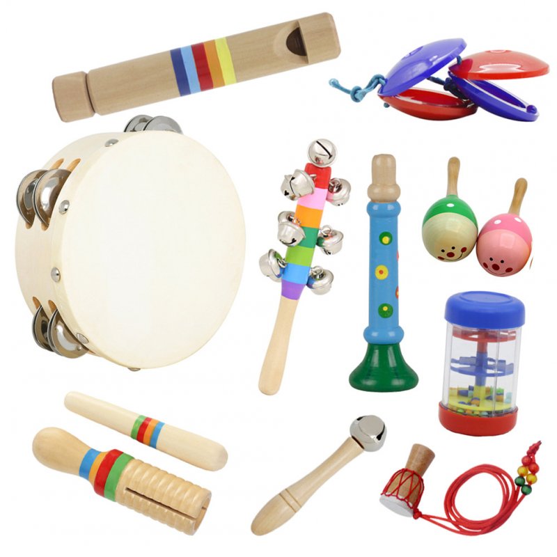 10pcs/set Orff Wooden Musical Instrument Set Hand Tambourine+Rain Sound Tube+Colorful Sound Tube+Flute+Rattle+Barbell+Horn+Maracas+Necklace+Castanet 10pcs/set