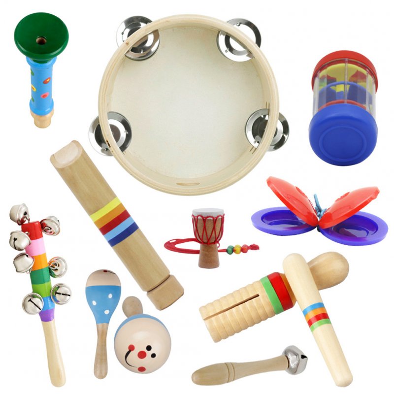 10pcs/set Orff Wooden Musical Instrument Set Hand Tambourine+Rain Sound Tube+Colorful Sound Tube+Flute+Rattle+Barbell+Horn+Maracas+Necklace+Castanet 10pcs/set