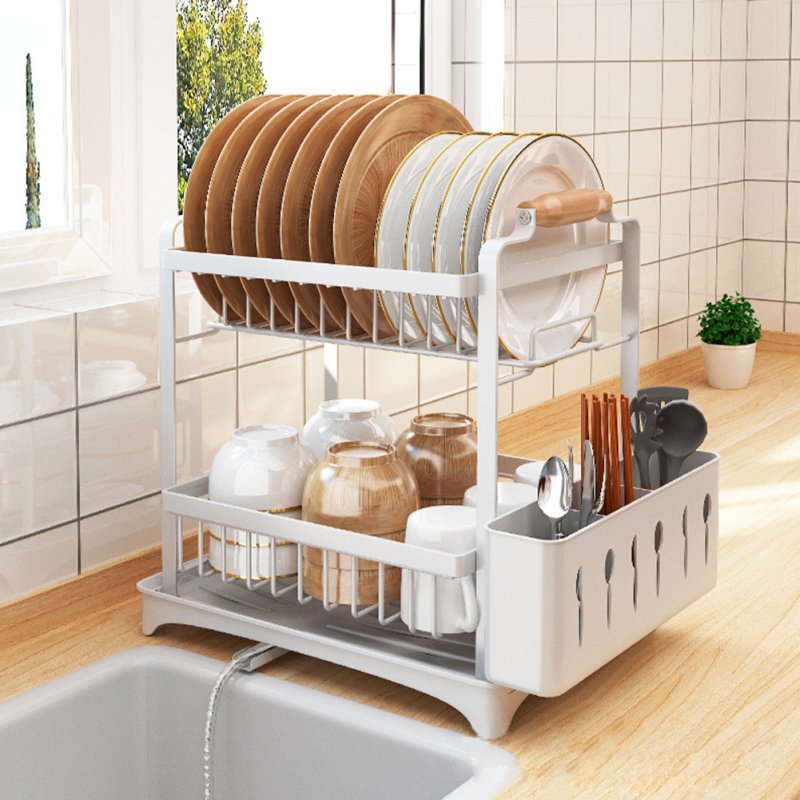 Kitchen Storage Rack Dish Drainer 2 Tier Home Plate Bowl Chopsticks Storage Shelf Utensil Holder 