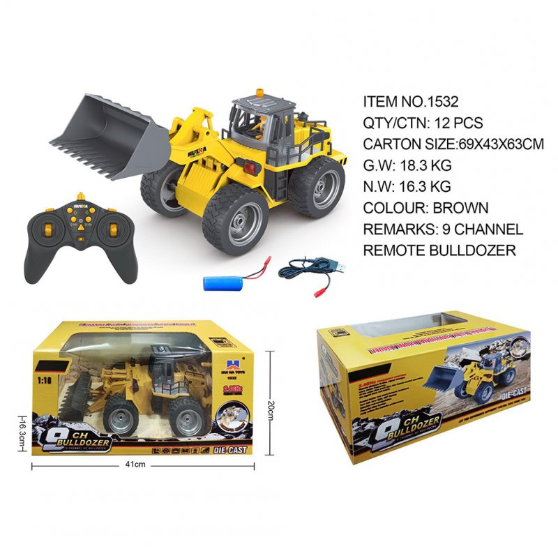Huina 1532 Remote Control Engineering Vehicle 1:18 RC Electric Bulldozer Model Toy Brown