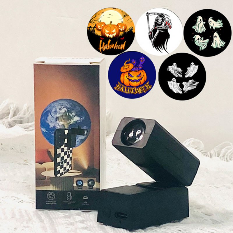 Halloween Projector Lamp With Films Magnetic Mounting Rechargeable Night Light Party Wall Decorations Background Light 5pcs black Halloween 5v