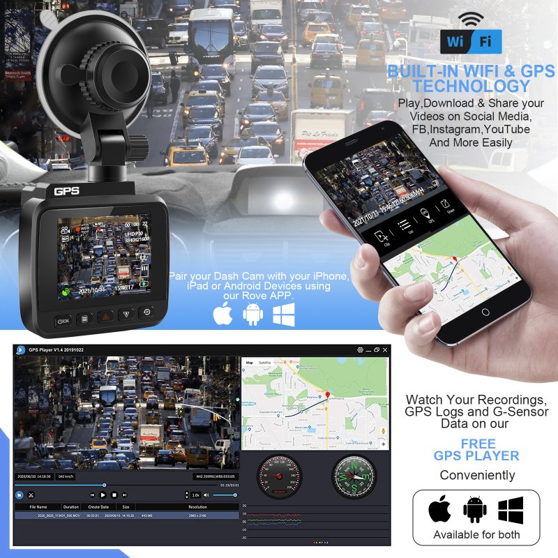4k Driving Recorder Built-In Wifi GPS Car Dashboard Camera Recorder Dash Cam with Night Vision 