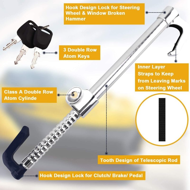 Universal Steering Wheel Brake Lock Anti-theft Retractable Double Hook Car Clutch Pedal Lock 