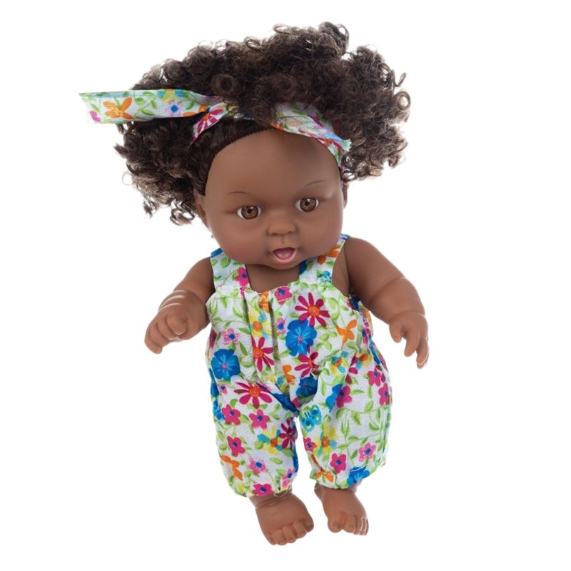 8 Inch Simulation Doll Toy Washable Realistic Soft Vinyl African Doll With Jumpsuit Dress For Birthday Gifts pink embossed dress doll+clothes