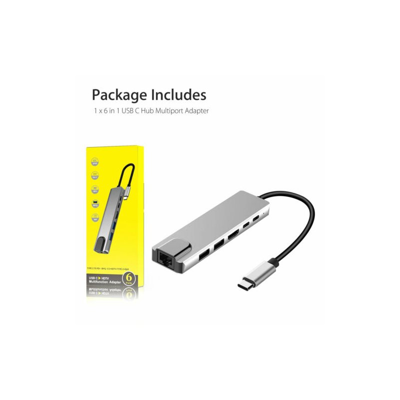 6-in-1 USB-C Hub Multi-port Adapter USB Type C Hub Adapter Dock with 4K HDMI RJ45 Ethernet Lan USB Charge 