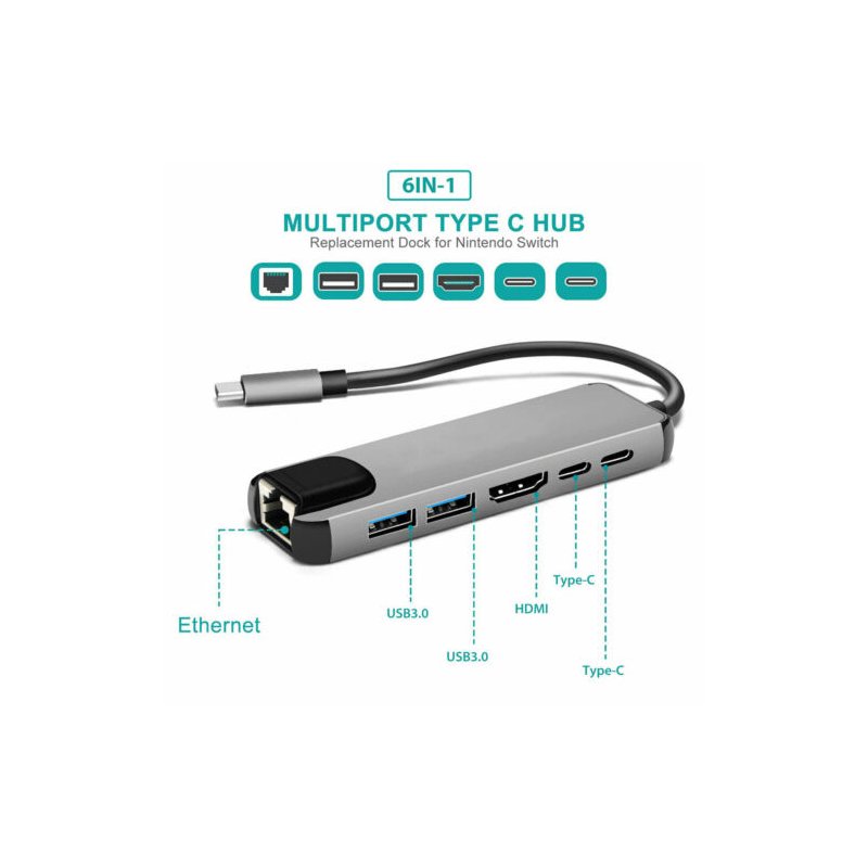 6-in-1 USB-C Hub Multi-port Adapter USB Type C Hub Adapter Dock with 4K HDMI RJ45 Ethernet Lan USB Charge 