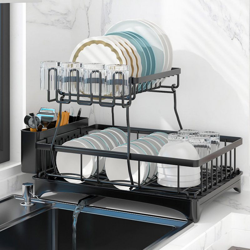 Household Removable Storage Rack Shelf 2 Tier Large Capacity Dish Drainer Utensil Holder with Chopsticks Rack 