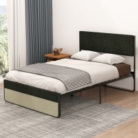 US IDEALHOUSE Platform Bed Frame Full Size with Linen Upholstered Headboard and Footboard, Full Sturdy Steel Slat Bed Frame Mattress Foundation/Enough Space for Storage/No Box Spring Needed