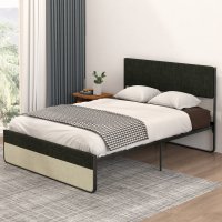 US IDEALHOUSE Platform Bed Frame Queen Size with Linen Upholstered Headboard and Footboard, Queen Size Sturdy Steel Slat Bed Frame Mattress Foundation/Enough Space for Storage/No Box Spring Needed