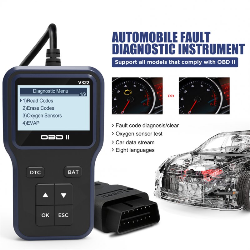 V322 Code Reader Lcd Display Obd Handheld Multilingual Fault Detector Car Diagnostic Tools