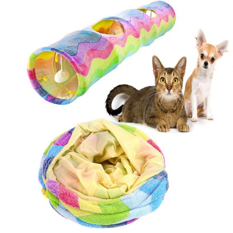 Cat Long Straight Plush Tunnel Toy With Ball Foldable Scratch-resistant Hideout Tunnel Pet Supplies (Rainbow Wave) rainbow colors About 26 x 117cm
