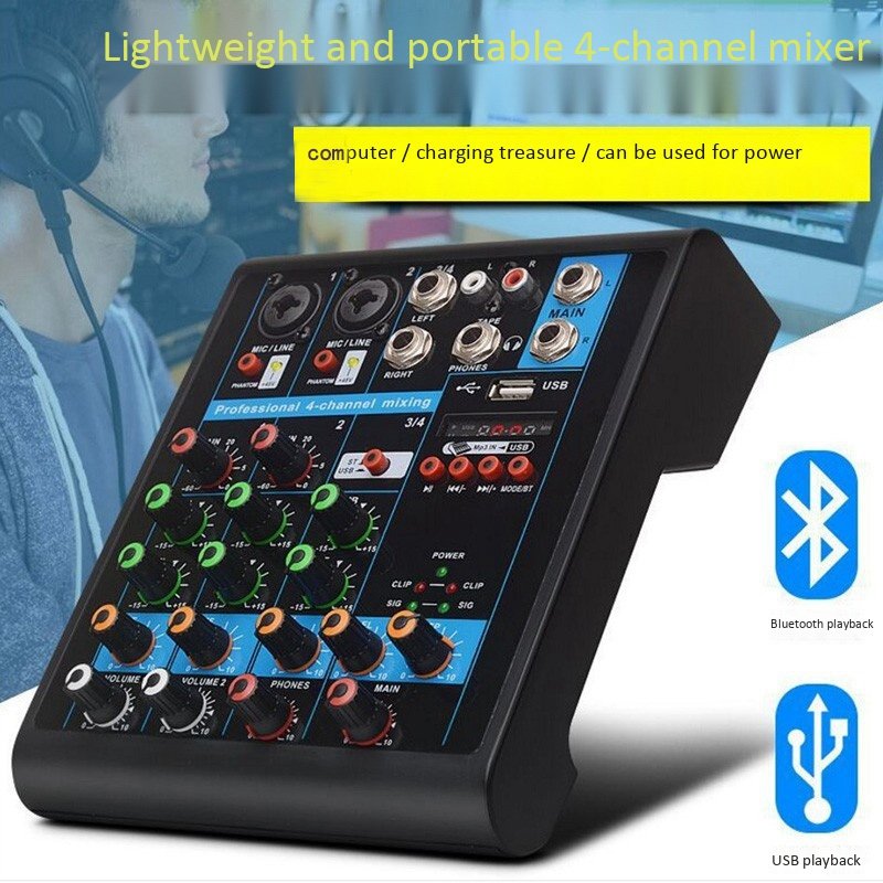 Professional 4-Channel Small Bluetooth Mixer with Reverb Effect for Home Karaoke USB Live Stage Karaoke Performance  