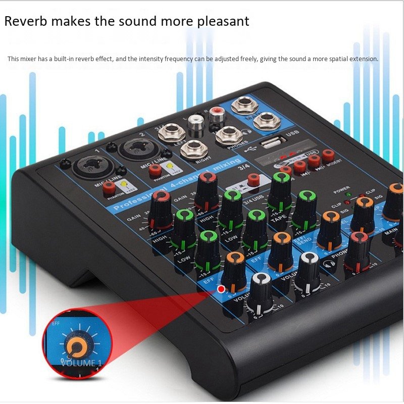 Professional 4-Channel Small Bluetooth Mixer with Reverb Effect for Home Karaoke USB Live Stage Karaoke Performance  