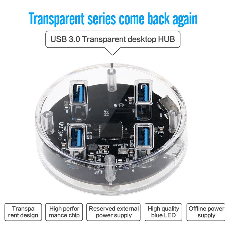 5Gbps Transparent 4 Ports USB 3.0 HUB Splitter External Micro USB 2.0 USB3.0 Power Supply for PC Desktop Laptop Transparent