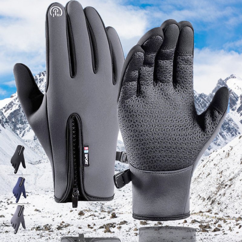 Motorcycle Riding Gloves Zipper Design Non-slip Windproof Fleece Lined Warm Gloves for Men Women Grey M