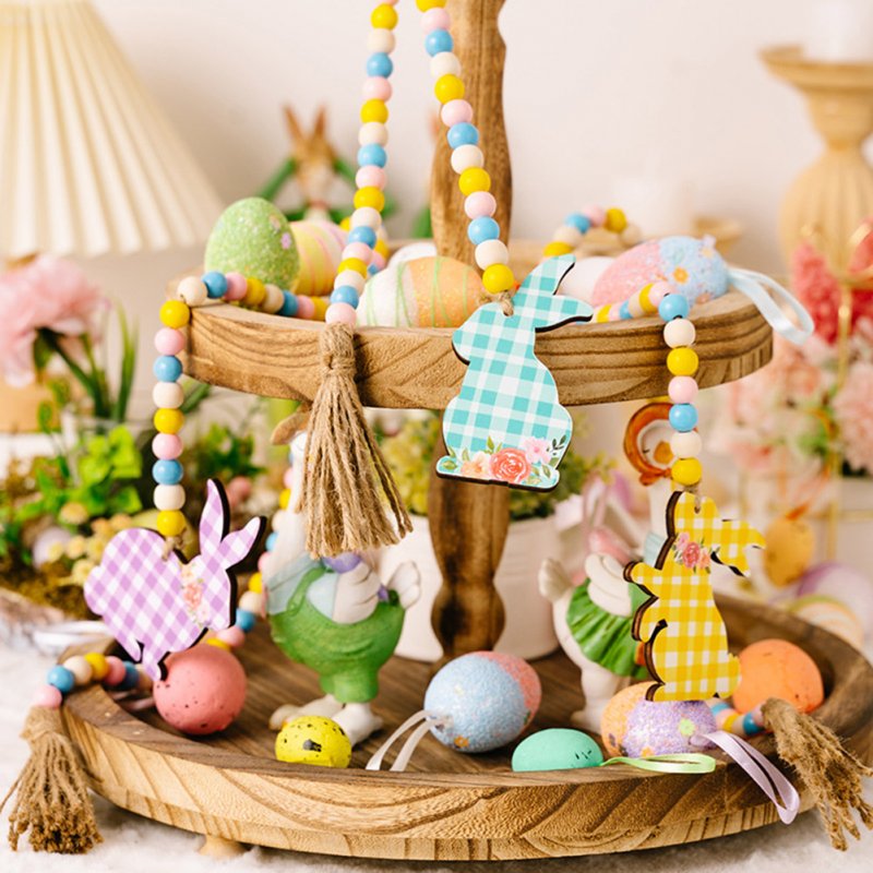 Easter Colorful Wooden Beads Hanging Garland With Plaid Print Rabbit Pendant For Easter Holiday Party 